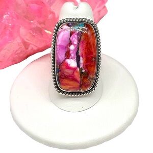 Kingman Mine Pink Dahlia Turquoise Ring Size 8.5 Solid 925 Sterling Silver